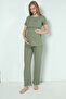 Green Cotton Corded Knitted Fabric Maternity and Maternity Pajamas Set