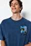 Indigo Oversize/Wide Cut Tumbled/Faded Effect Mystic Printed 100% Cotton T-Shirt Tmnss22Ts0838 - 2
