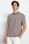 Açık Kahverengi Oversize/Geniş Kesim Çizgili Bisiklet Yaka Kısa Kol T-Shirt TMNSS20TS0511