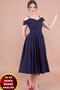 Women's Flexible Atlas Fabric Low Shoulder Detailed Pleated Strap Midi Length Navy Blue Dress 342