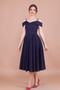 Women's Flexible Atlas Fabric Low Shoulder Detailed Pleated Strap Midi Length Navy Blue Dress 342 - 2