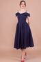 Women's Flexible Atlas Fabric Low Shoulder Detailed Pleated Strap Midi Length Navy Blue Dress 342 - 4