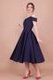 Women's Flexible Atlas Fabric Low Shoulder Detailed Pleated Strap Midi Length Navy Blue Dress 342 - 5
