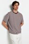 Açık Kahverengi Oversize/Geniş Kesim Çizgili Bisiklet Yaka Kısa Kol T-Shirt TMNSS20TS0511 - 4