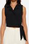 Siyah Bağlamalı Crop Dokuma Keten Görünümlü Bluz TWOSS23BZ00550 - 12