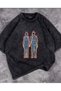 Washable Flaming Skeletons Printed Unisex Oversize Vintage T-shirt - 2