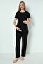 Black Cotton Corded Knitted Fabric Maternity and Maternity Pajamas Set - 3