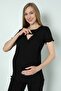 Black Cotton Corded Knitted Fabric Maternity and Maternity Pajamas Set - 5