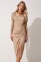 Women's Beige Gathered Saran Summer Knitted Dress DD01202