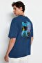Indigo Oversize/Wide Cut Tumbled/Faded Effect Mystic Printed 100% Cotton T-Shirt Tmnss22Ts0838 - 3