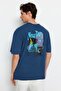 Indigo Oversize/Wide Cut Tumbled/Faded Effect Mystic Printed 100% Cotton T-Shirt Tmnss22Ts0838 - 6