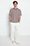 Açık Kahverengi Oversize/Geniş Kesim Çizgili Bisiklet Yaka Kısa Kol T-Shirt TMNSS20TS0511 - 3