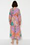 Tropical Patterned Belted Maxi Woven Balloon Sleeve 100% Cotton Linen Look Kimono&Kaftan - 4