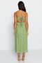 Green Floral Patterned Straight Cut Slit Detail Viscose Midi Woven Dress TWOSS23EL02085 - 5