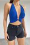 Flexible Fabric, Low-cut Metal Accessory, Neck Tie, Blue 36/37 Cm Crop Bustier 10428 - 3