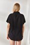 Women's Black Bat Oversize Linen Shirt GML-19001109 - 4