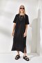 Women's Black Side Slit Oversize Cotton Dress ELB-19001880 - 3