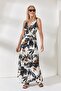 Women's Black Floral Double Breasted Belted Maxi Textured Knitted Dress ELB-19001745 - 3