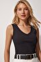 Women's Black V-Neck Ribbed Crop Blouse UB00058