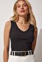 Women's Black V-Neck Ribbed Crop Blouse UB00058 - 2