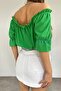Cotton Fabric Strapless Collar Waist Elastic Detailed Design Short Sleeve Green 40/42 Cm Blouse 10369 - 2