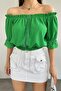 Cotton Fabric Strapless Collar Waist Elastic Detailed Design Short Sleeve Green 40/42 Cm Blouse 10369 - 3