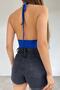 Flexible Fabric, Low-cut Metal Accessory, Neck Tie, Blue 36/37 Cm Crop Bustier 10428 - 4