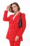 Women's Buttoned Blazer Jacket Belted Trousers Woven Atlas Fabric Suit - 6