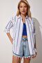 Women's Blue White Striped Oversize Long Cotton Shirt DX00005 - 2