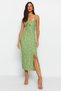 Green Floral Patterned Straight Cut Slit Detail Viscose Midi Woven Dress TWOSS23EL02085