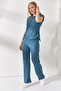 Women's Petrol Blue Side Gathered Blouse Palazzo Trousers Set TKM-19000196 - 3
