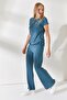 Women's Petrol Blue Side Gathered Blouse Palazzo Trousers Set TKM-19000196 - 4