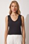 Women's Black V-Neck Ribbed Crop Blouse UB00058 - 3