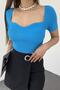 Women's Blue Sweetheart Neck Short Sleeve Knitwear Blouse - 4