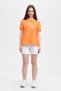 Women's Printed Short Sleeve Back Oval Crew Neck T-Shirt Orange