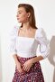 White Balloon Sleeve Square Neck Crop Woven Blouse TWOSS19XB0036 - 7