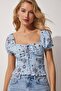 Women's Sky Blue Floral Gathered Collar Knitted Crop Blouse HK00021
