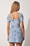 Women's Sky Blue Floral Gathered Collar Knitted Crop Blouse HK00021 - 3