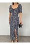 Women's Heart Collar Floral Patterned Summer Fabric Tile Tile Dress Navy Blue - 5