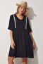 Women's Black V-neck Embroidered Flared Viscose Summer Dress DD01207 - 3