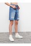 High Waist Standard Fit Straight Detailed Women's Jean Shorts Blue