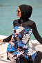 Parachute 3-Piece Long Floral Patterned Fully Covered Hijab Swimsuit M 2265 - 2