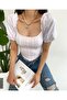 White Square Neck Balloon Sleeve Diver Fabric Striped Women's Blouse