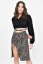 Women's Light Beige Black Adjustable Gathered Knitted Midi Skirt - 2
