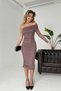 Lined Tulle Fabric One Sleeve Detailed Slim Cut Midi Length Mink Pencil Evening Dress Graduation Dress 109 - 3