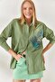 Mold Green Palm Sequin Detailed Oversize Woven Poplin Shirt GML-19001016