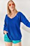 Cobalt Blue V-Neck Casual Knitwear Blouse BLZ-19001586 - 3