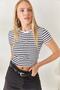 White Crew Neck Striped Crop Blouse BLZ-19002265 - 4