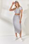 Gray Short Sleeve Slit Skirted Lycra Suit TKM-19000194 - 2