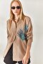 Mink Palm Sequin Detailed Oversize Woven Poplin Shirt GML-19001016